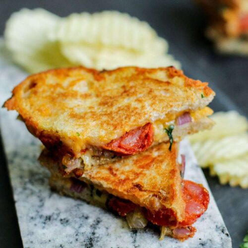 Chorizo and Onion Loaded Grilled Cheese Sandwich