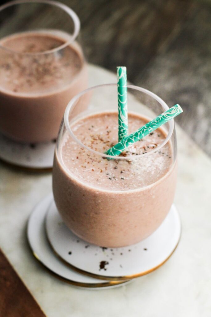 Protein Packed Strawberry Banana Chocolate Chia Breakfast Shake