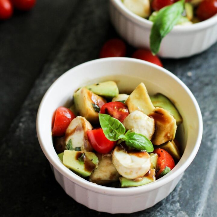 Avocado Caprese Salad Recipe in a white bowl