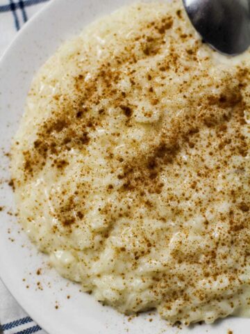 rice pudding with cinnamon on a white plate