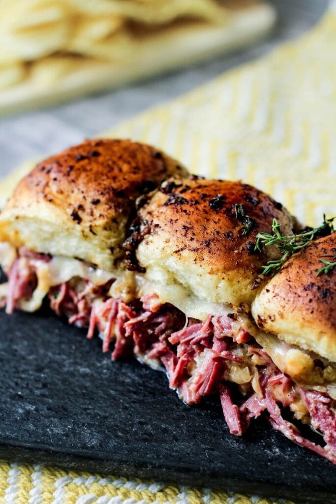 Reuben sliders on a tray