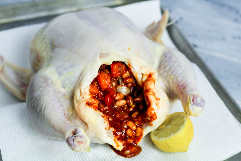 asted stuffed chicken with chorizo and beans