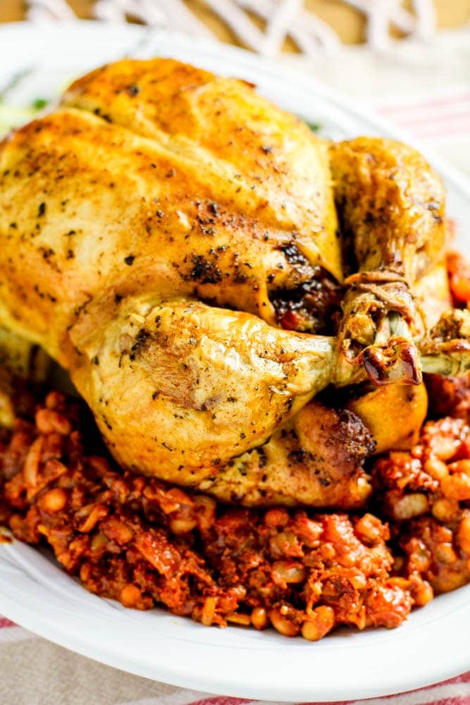 asted stuffed chicken with chorizo and beans