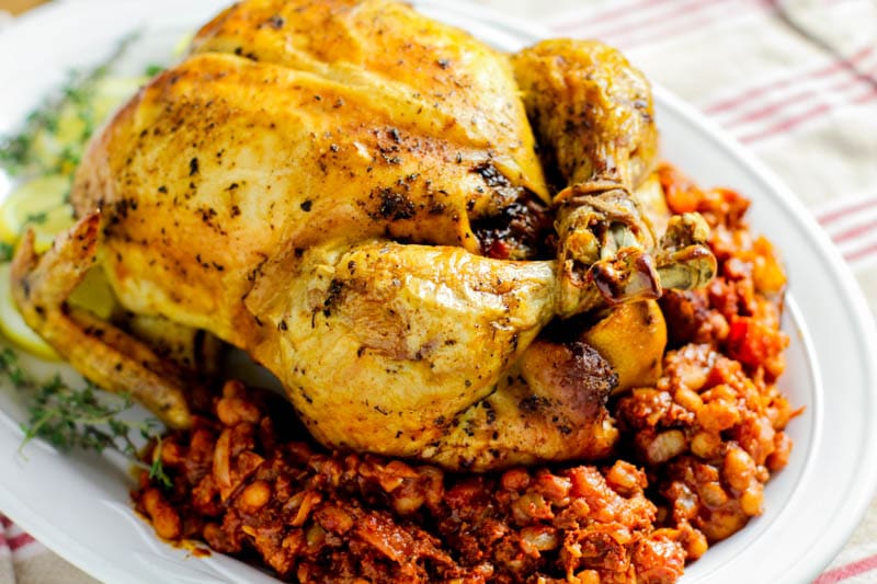 asted stuffed chicken with chorizo and beans