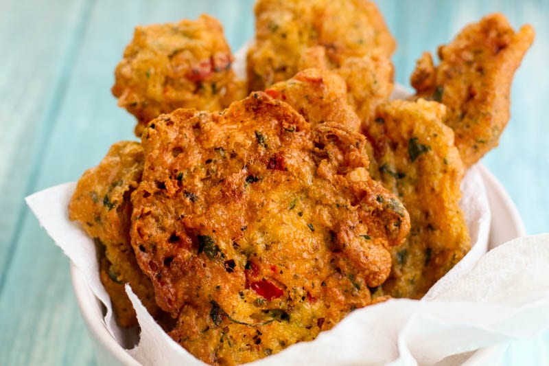 Bacalaitos | Codfish Fritters with a blue background