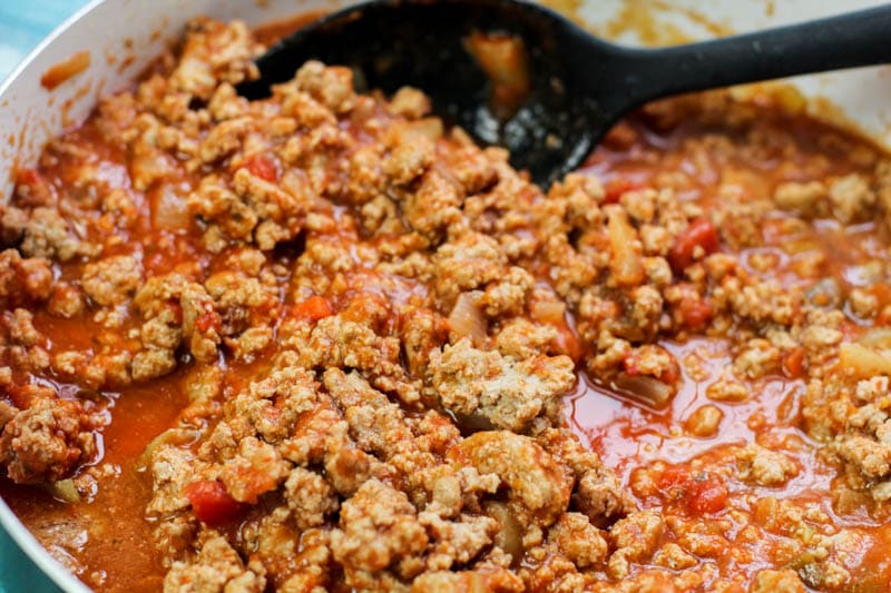 Puerto Rican lasagna meat sauce in the pan