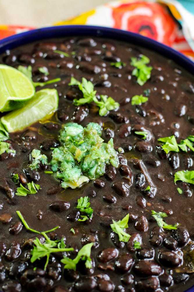 Cuban black beans in a blue bowl