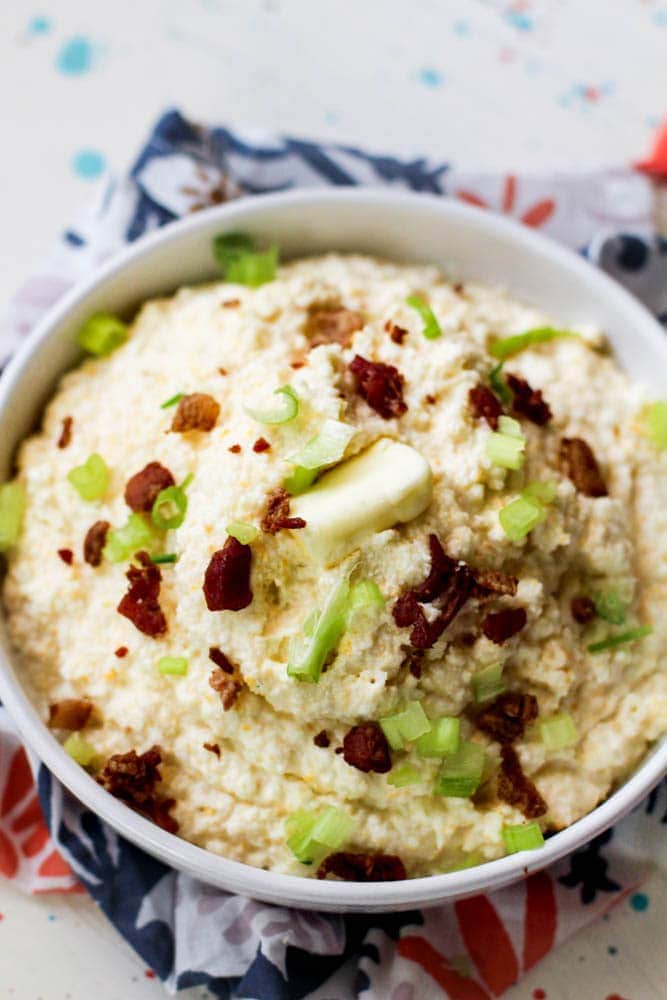 Loaded Cauliflower Potatoes in a white bowl