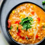 turkey chili in a black bowl