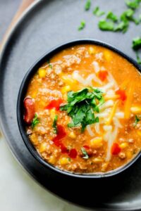 turkey chili in a black bowl