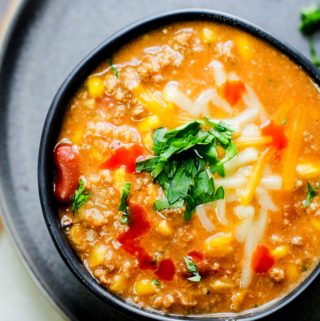 turkey chili in a black bowl