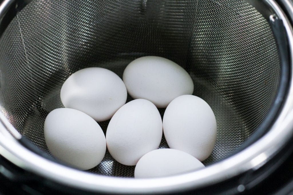 eggs in an Instant Pot basket for deviled eggs.