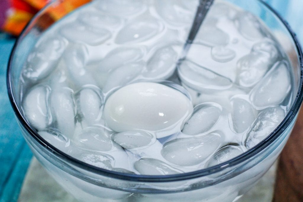 Eggs in an ice water bath for making deviled eggs.