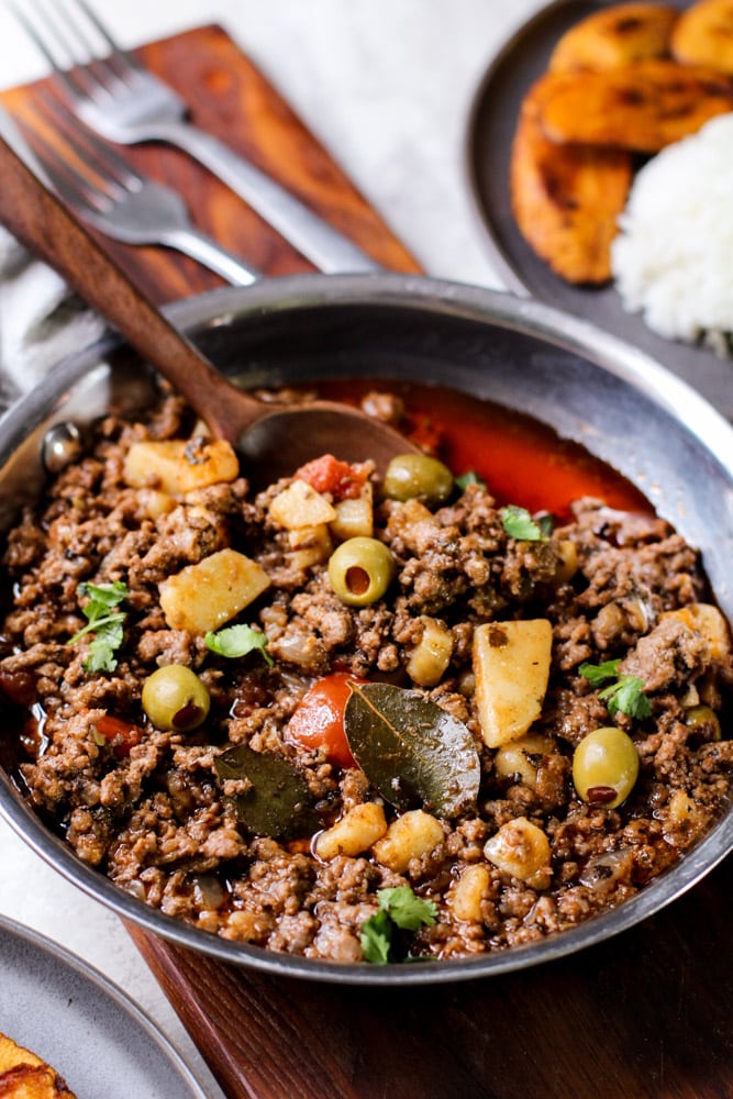 picadillo in a stainless steel pan