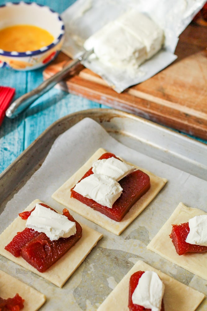 guava and cream cheese on a raw puff pastry