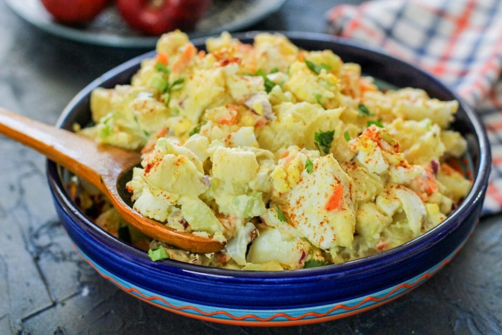Potato Salad in a blue and orange bowl