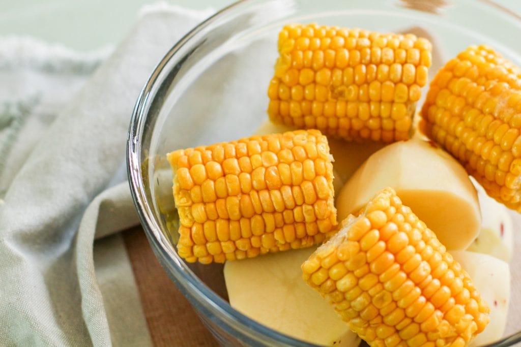 corn and potatoes in a glass bowl