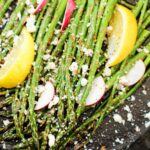 roasted asparagus in a cast iron pan