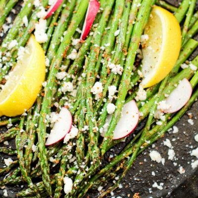 roasted asparagus in a cast iron pan