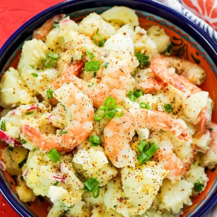 Shrimp potato salad in blue bowl