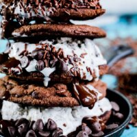 ice cream cookie sandwich tower on a tiny cast iron pan