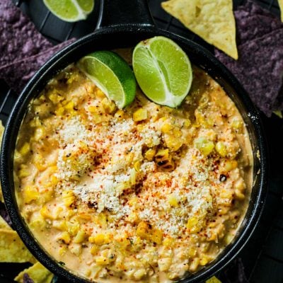 corn dip in a cast iron pan
