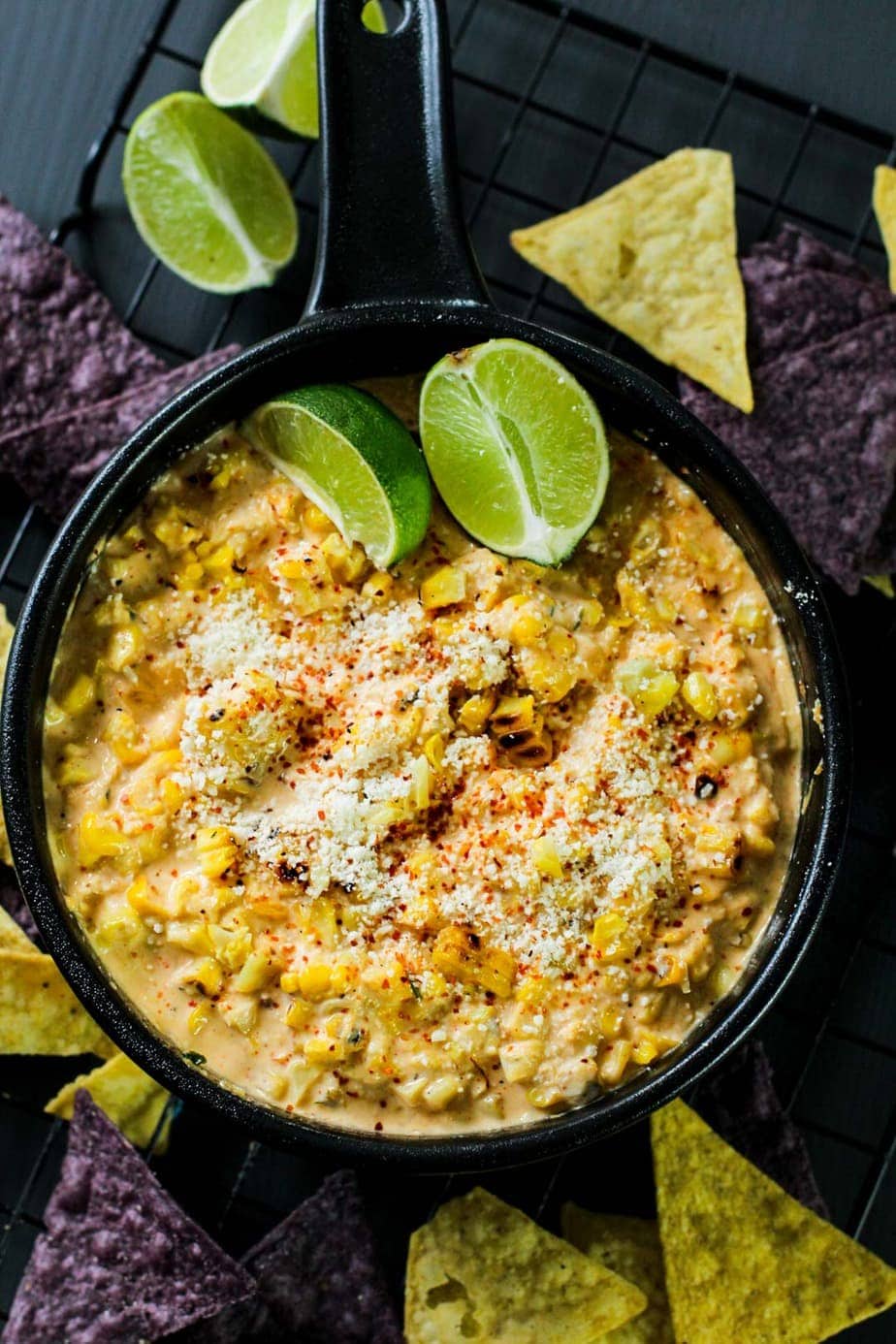 corn dip in a cast iron pan