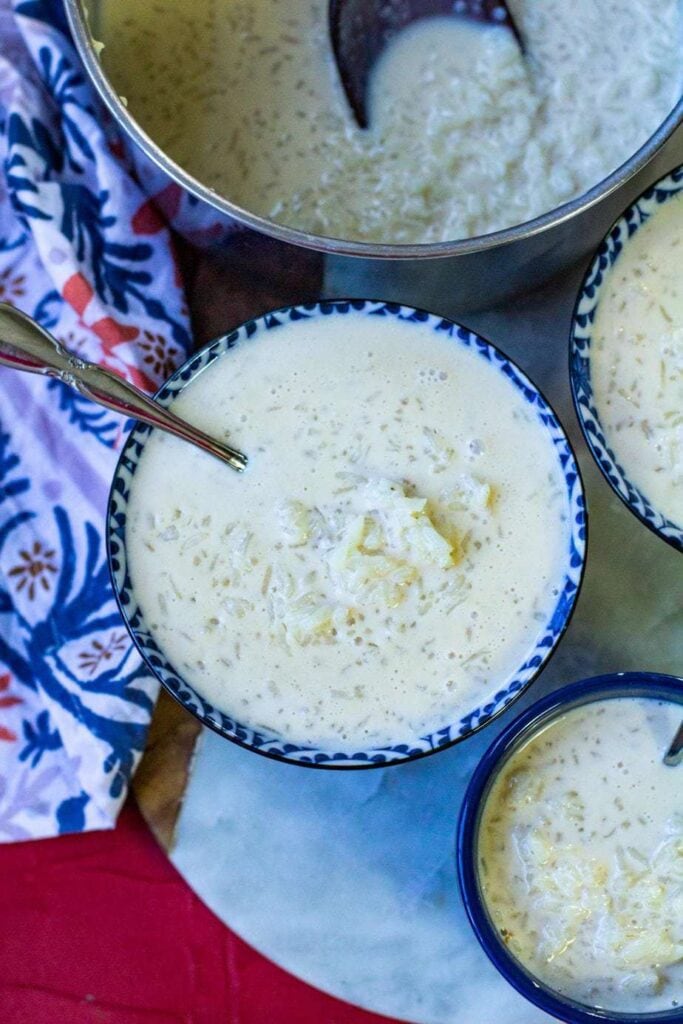 rice with milk in a blue bowl