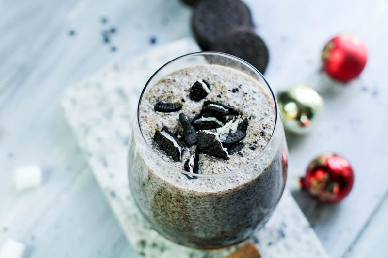 chocolate coquito in a glass cup