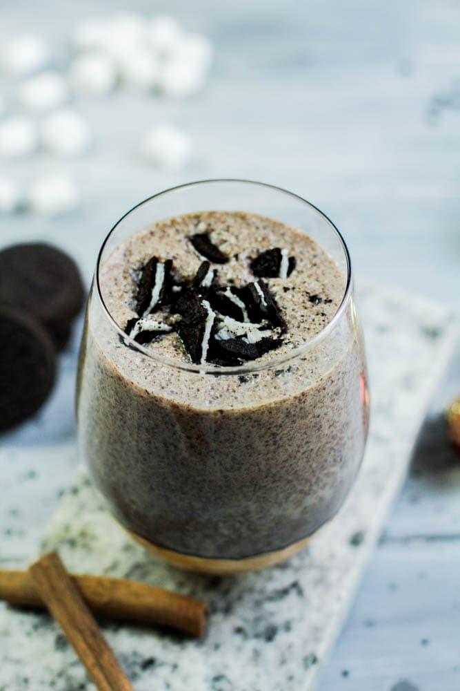 cookies and cream drink in a glass cup