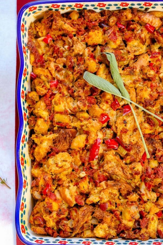 chorizo stuffing overhead shot of it in a colorful casserole pan