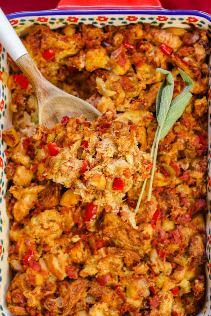 chorizo stuffing with sage and a wooden spoon