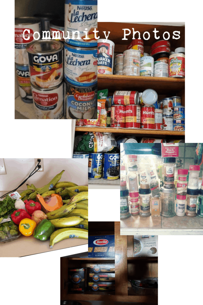 collage of various photos of pantry staples like canned goods