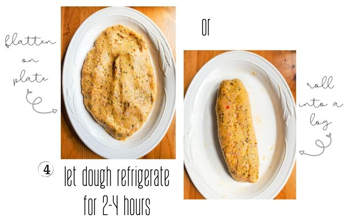 Croquette dough flattened on a white plate and another rolled into a log.