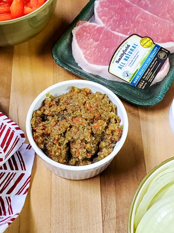 raw sofrito in a white bowl