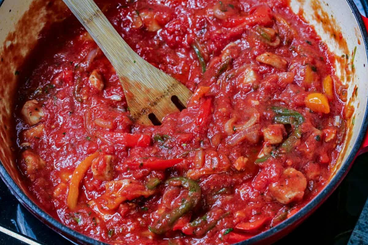 Spaghetti sauce with pork chops.