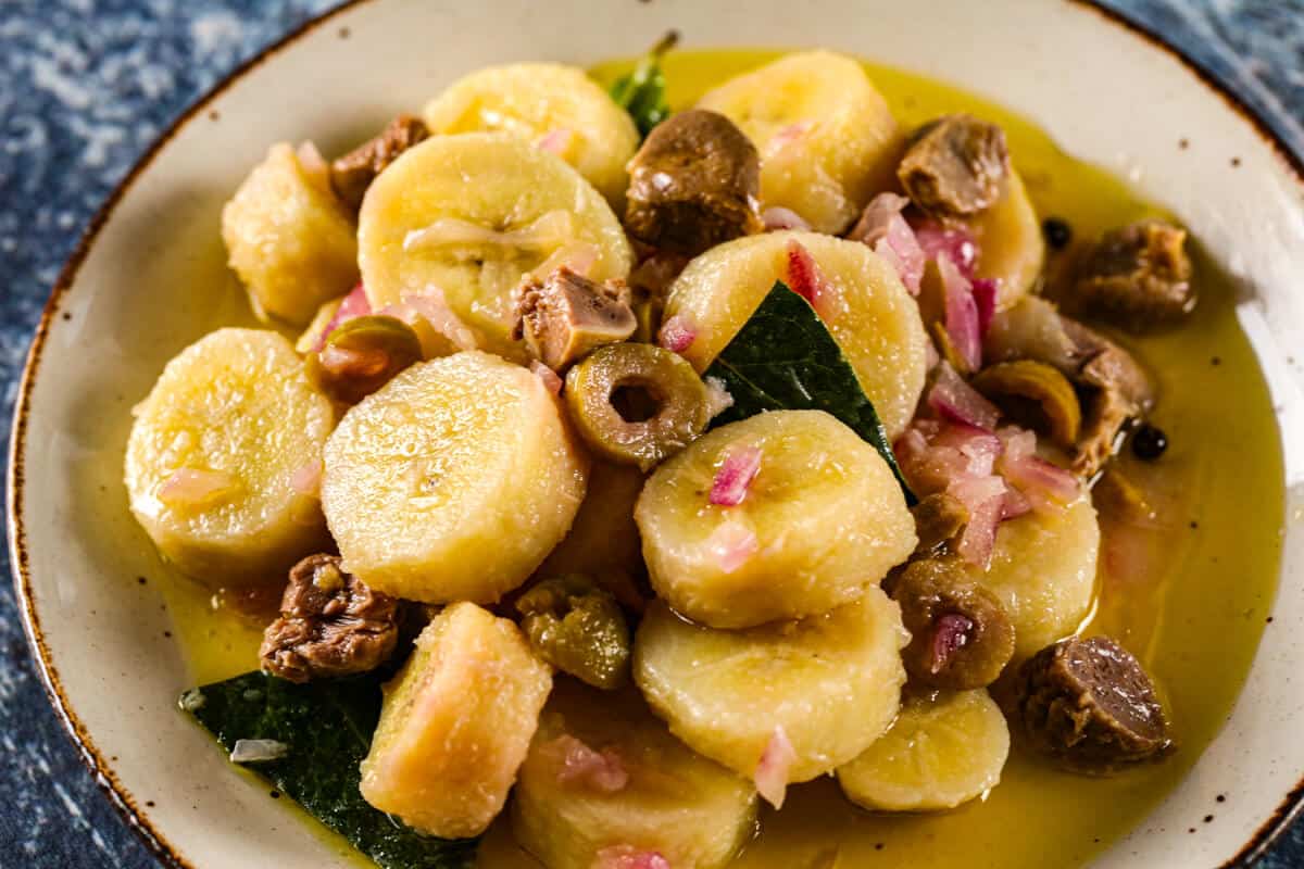 Gizzards in a guineos en escabeche mixture.