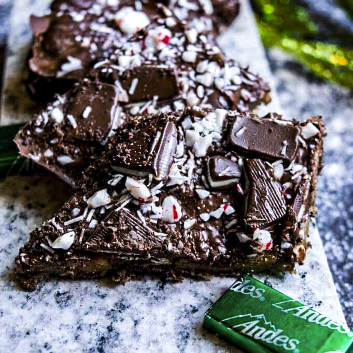 Close up shot of Andes Mint Chocolate Toffee Bark on a gray serving platter
