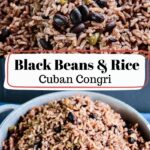 A Pinterest collage image of cooked black beans and rice with text that says that on it.