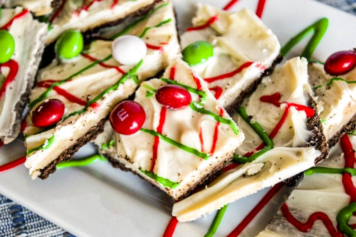 Close up of white chocolate crack bark topped with M&M's