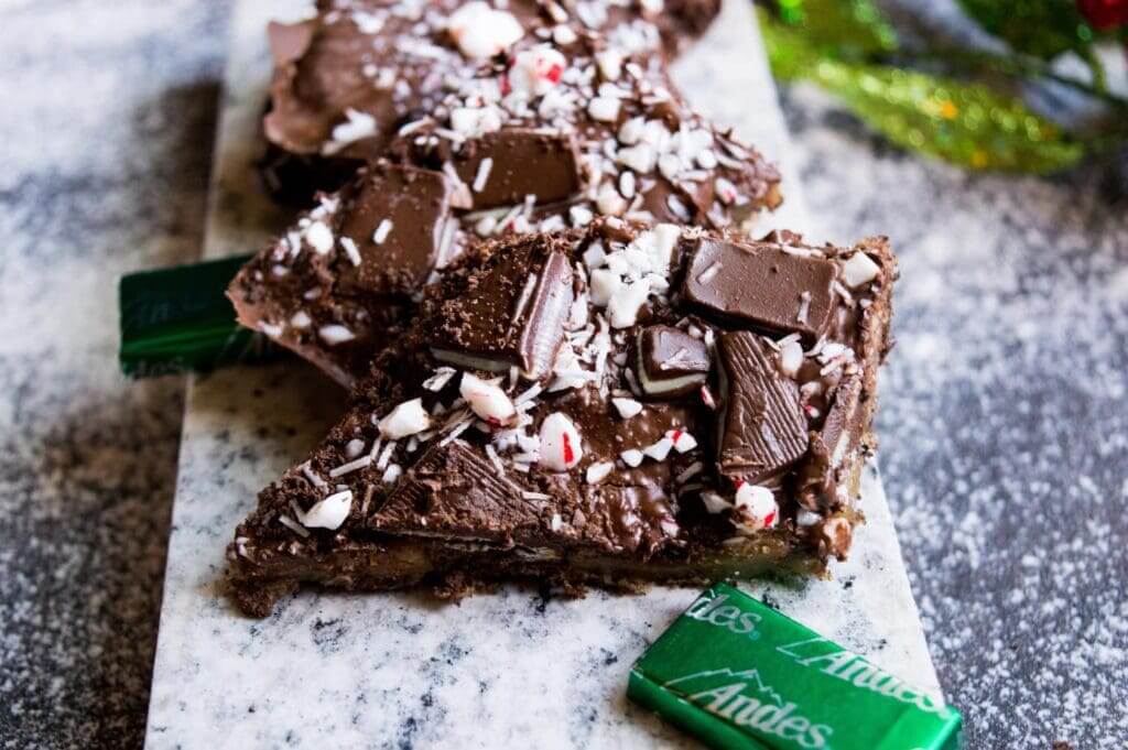 Close up of Andes mint toffee bark with Andes on the side in a green wrapper.