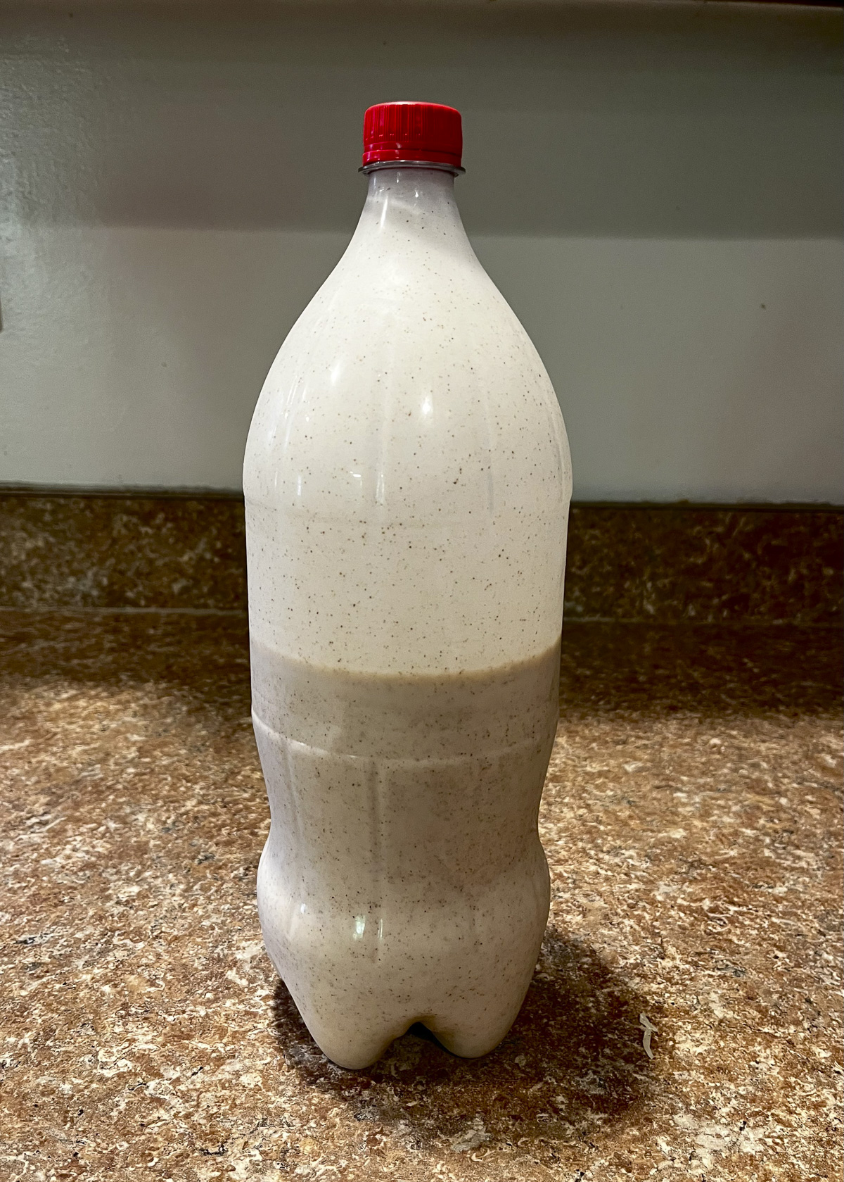 Coquito in a repurposed 2 liter soda bottle.