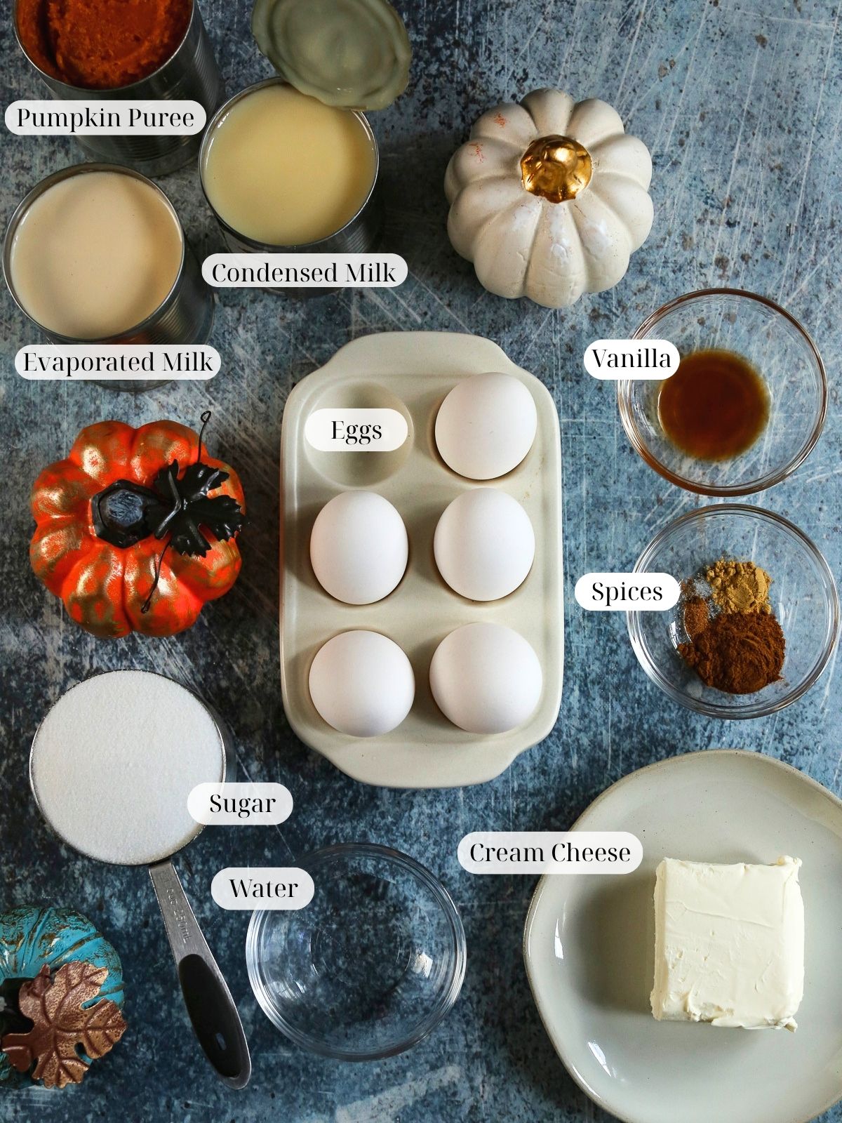 Overhead view of ingredients for pumpkin flan with labels