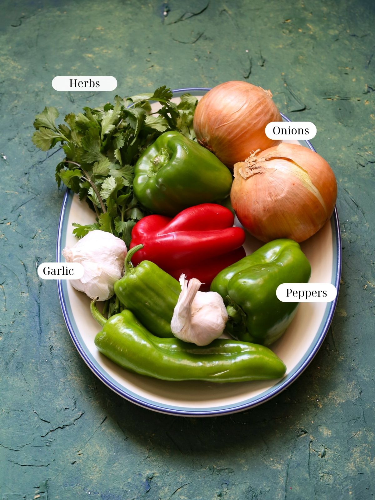 Labeled ingredients image with sofrito vegetables on a green background