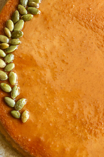 Close up of styled pepitas on Pumpkin Flan